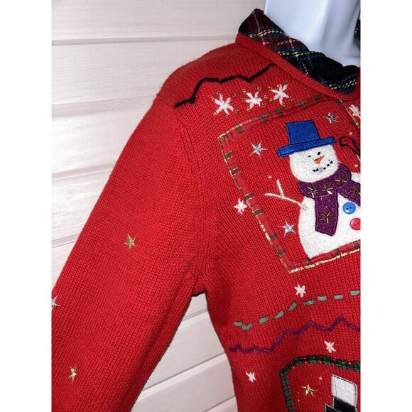Planet & Company Sz MEDIUM Red Snowman Full Zip Sweater Plaid Collar EUC - Picture 4 of 10